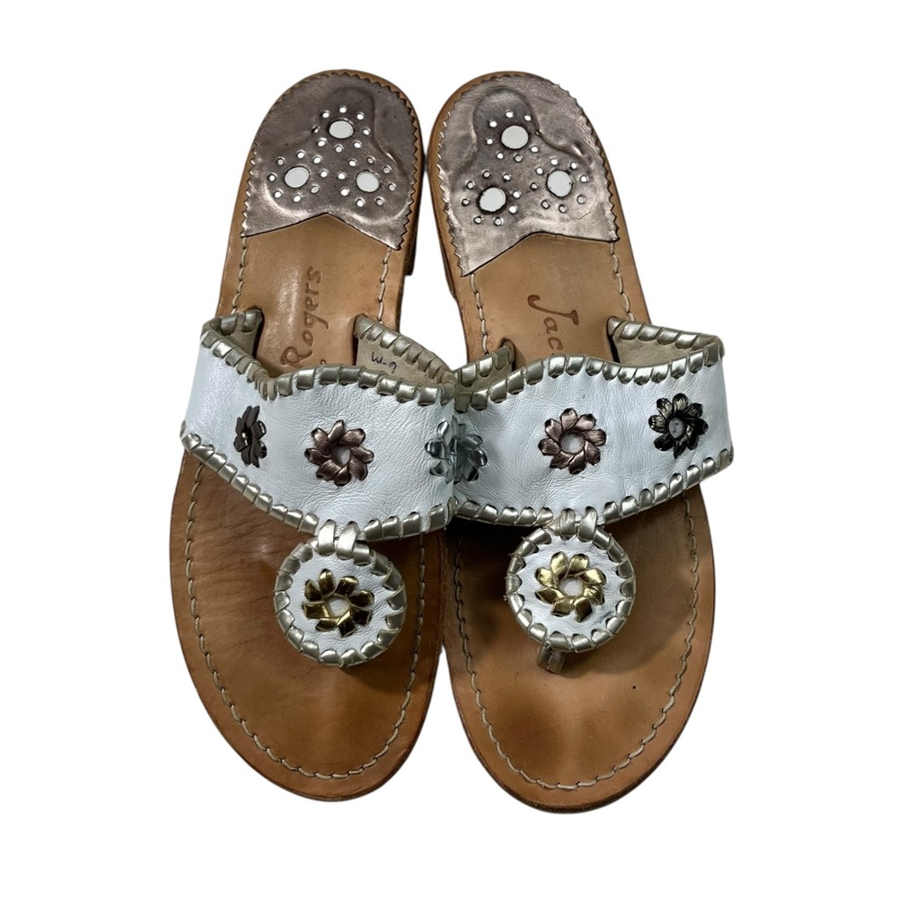 Jack Rogers Women's White Multicolored Metallic Whipstitch Slip On Sandals 6M